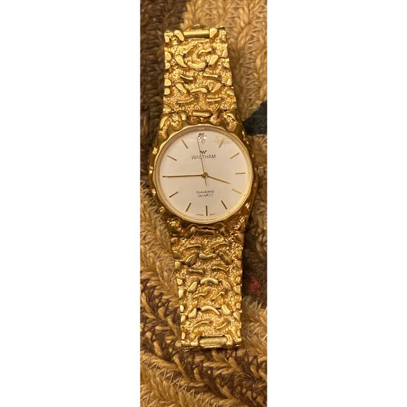 Waltham Gold Diamond Quartz Plated Nugget Wrist Watch 32mm - Picture 3 of 9